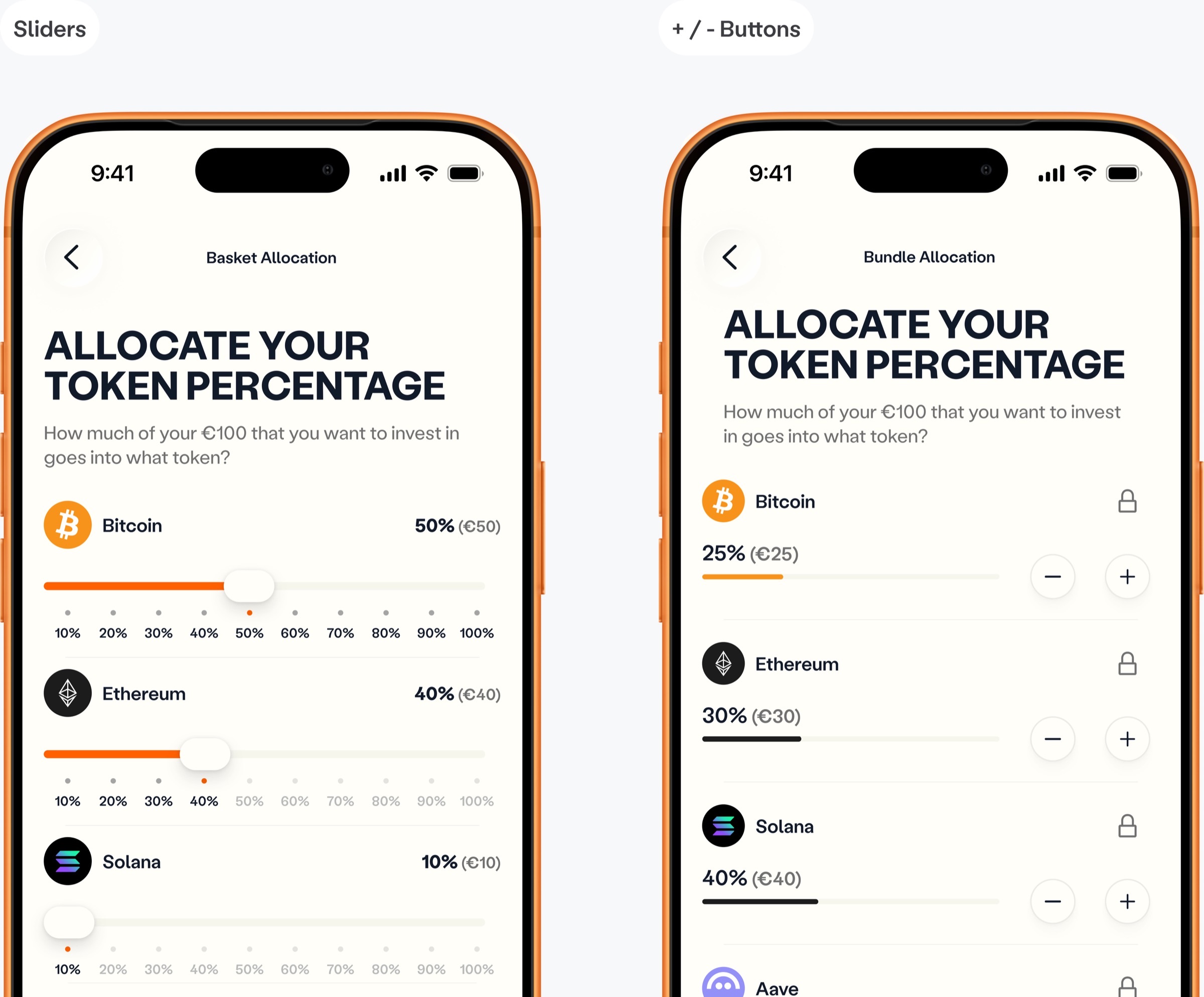 Two allocation screens: the rejected slider version on the left and the final version with − and + buttons and a lock on the right