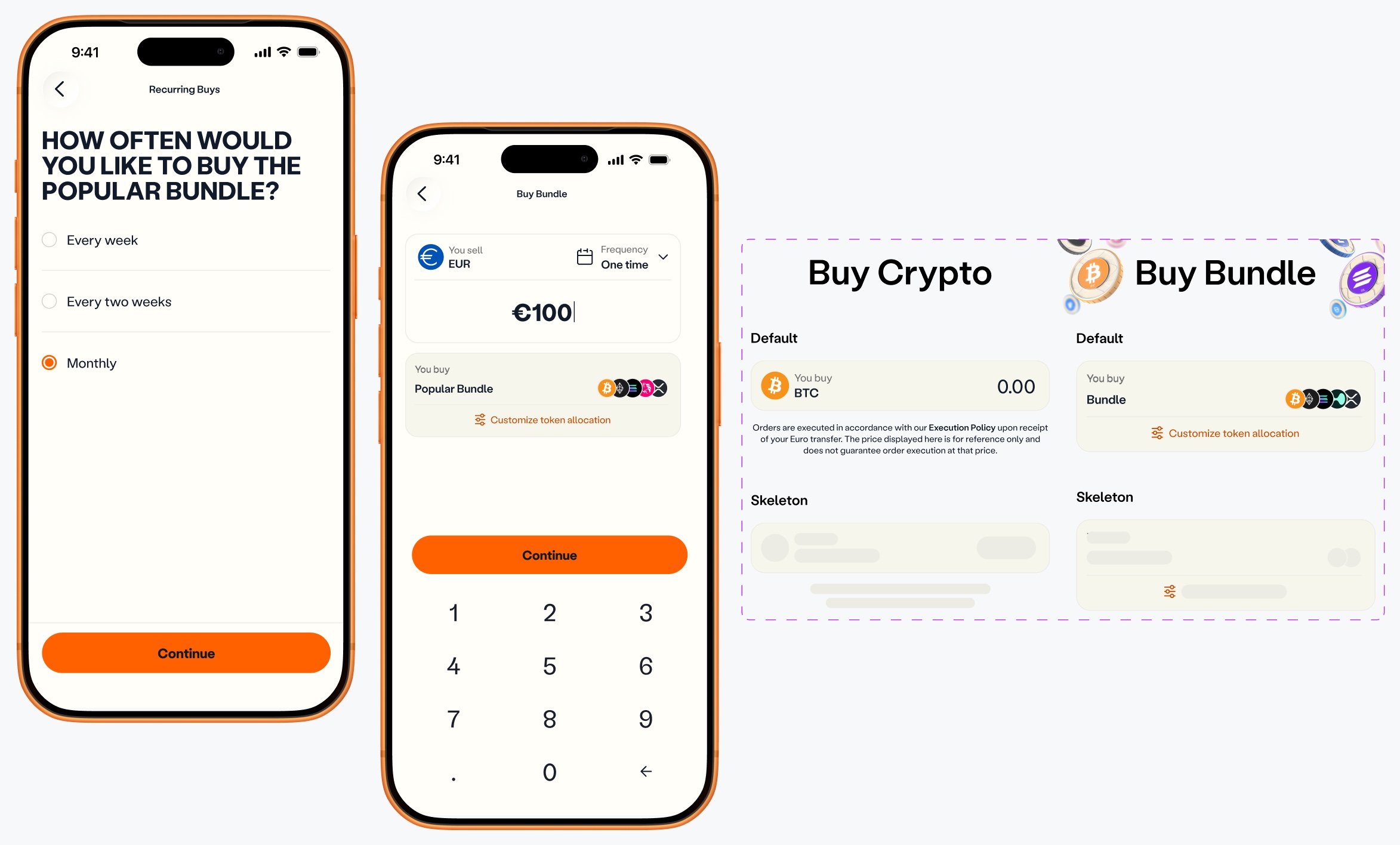 Recurring buy frequency screen, the Buy Bundle screen with a Customize token allocation link, and the Buy Crypto and Buy Bundle input components side by side