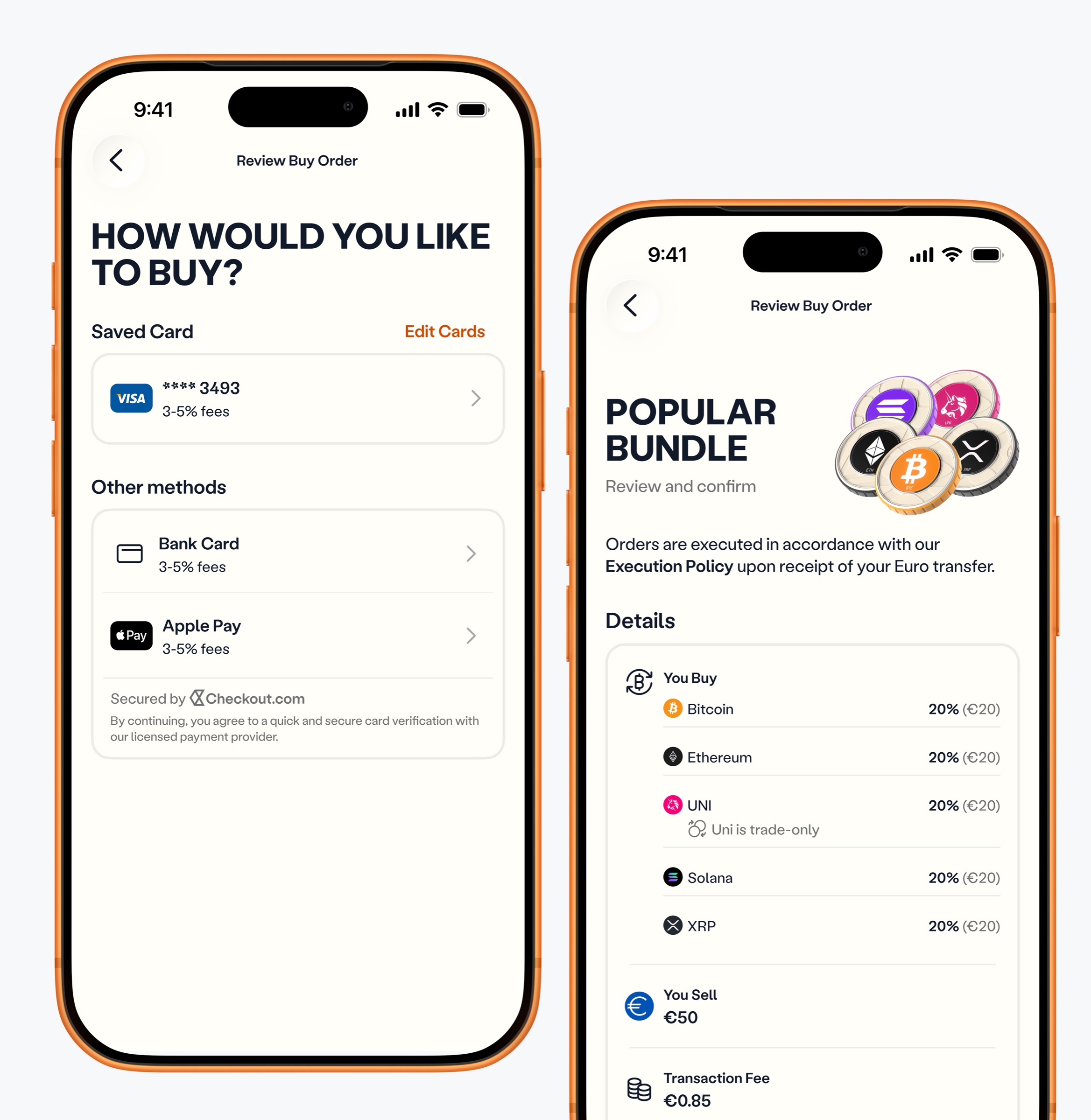 Payment method screen and the Popular Bundle review order screen listing each coin’s share