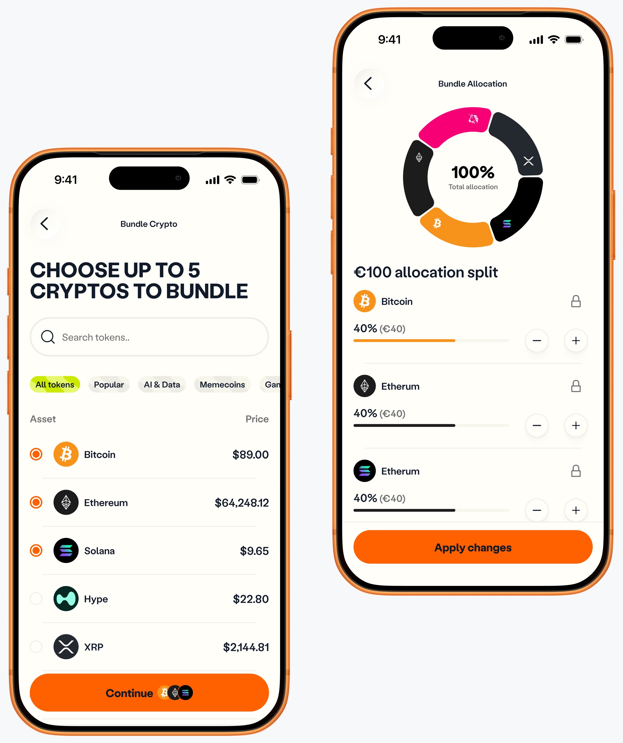 Building a custom bundle: choosing up to five cryptos, then splitting €100 between them with a donut chart, lock icons and plus and minus buttons