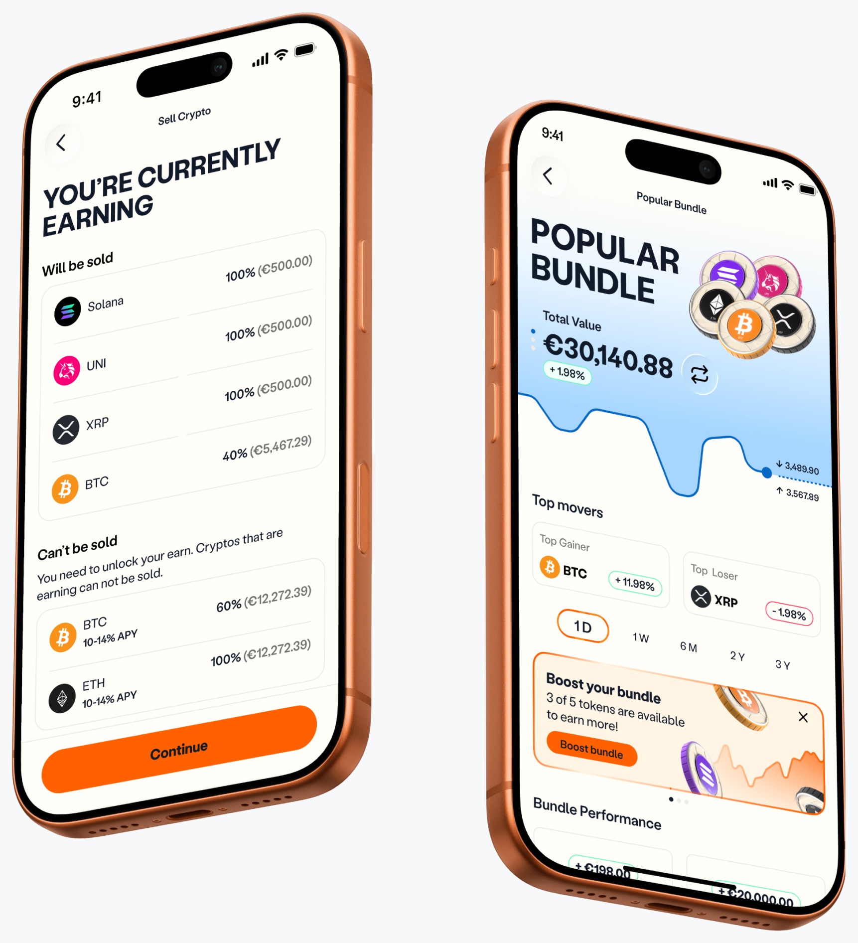 Sell screen splitting a bundle into coins that will be sold and coins that can’t be sold because they’re earning, next to the Popular Bundle screen with a Boost your bundle prompt