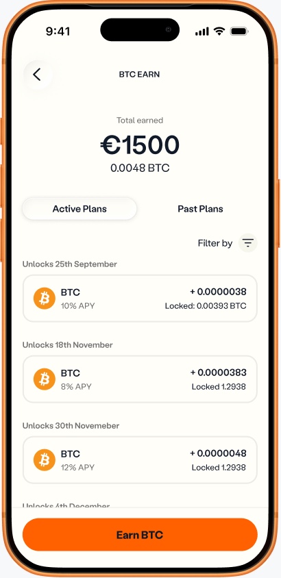 BTC Earn screen listing several active plans, each with its own APY and unlock date