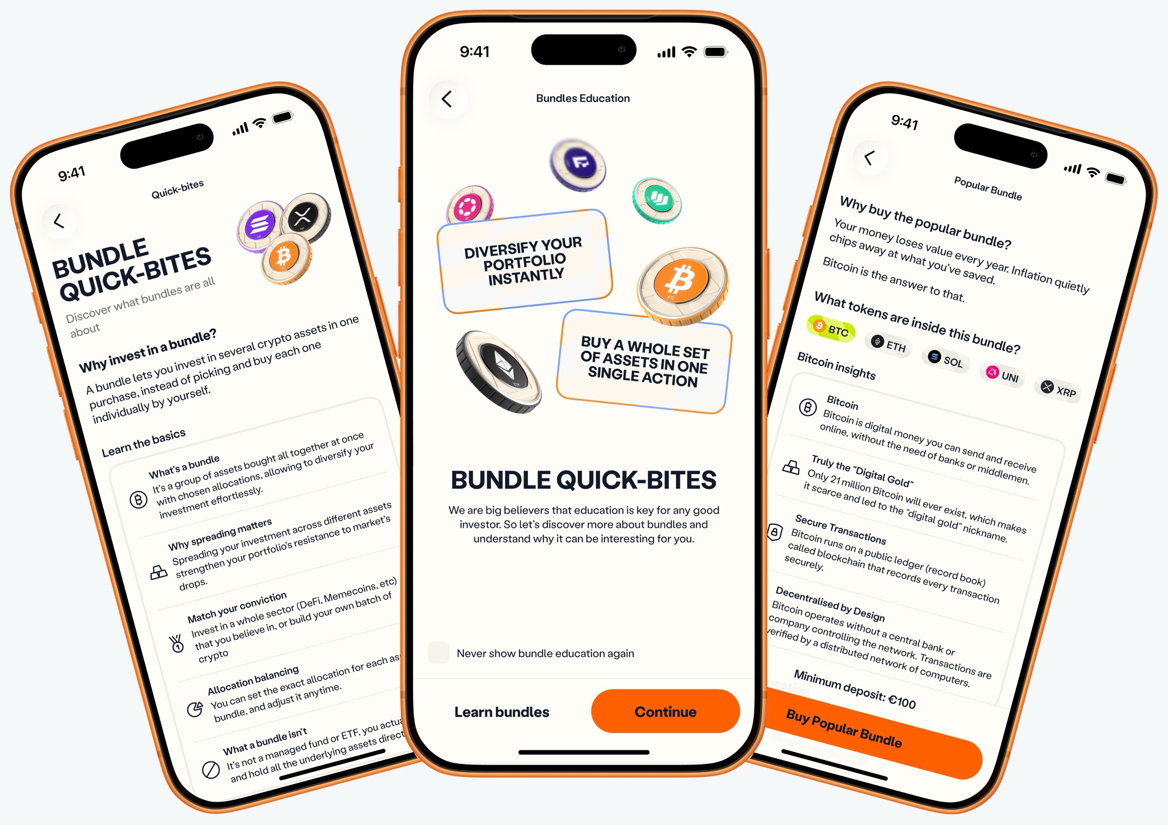 Bundle quick-bites: a short education flow explaining what a bundle is and why to spread an investment, plus what each coin in the Popular Bundle is for