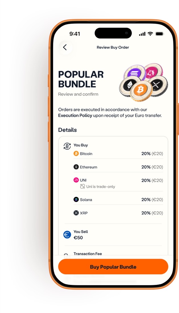Review buy order for the Popular Bundle, split 20% across five coins