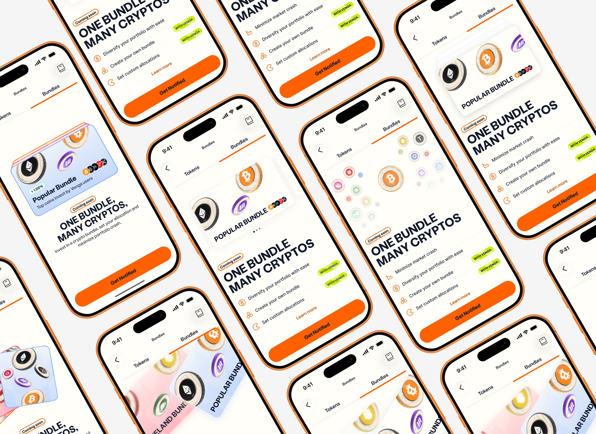 Grid of Coming soon bundle screens: One bundle, many cryptos, with feature lists and a Get Notified button