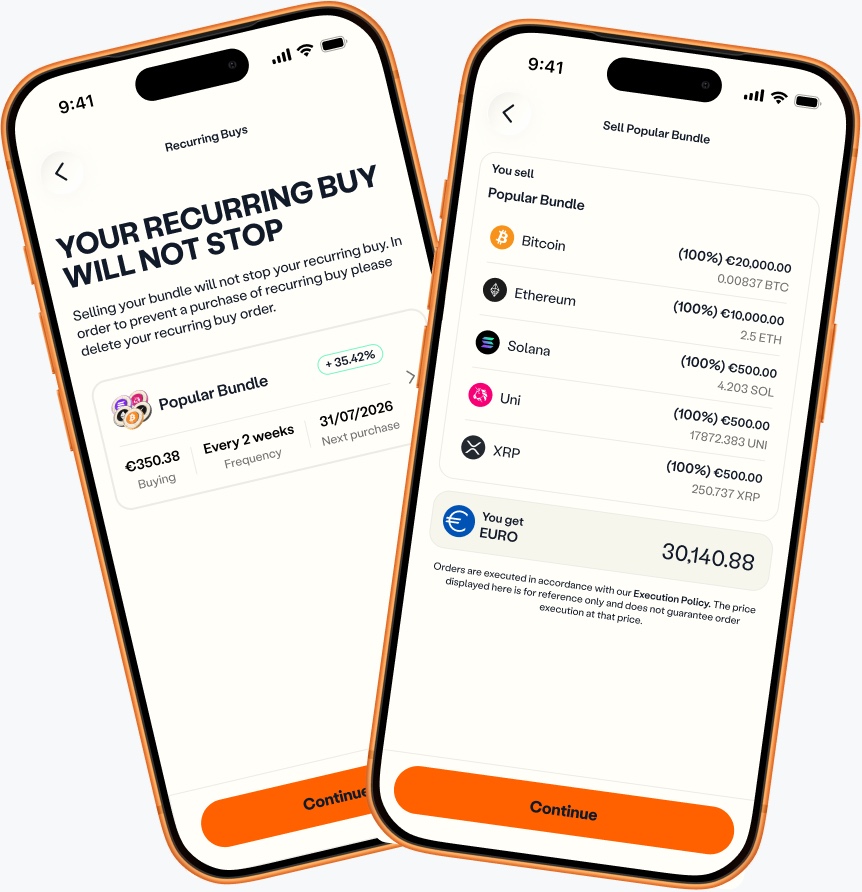 Warning that the recurring buy will not stop, next to the Sell Popular Bundle screen listing each coin and the euro amount