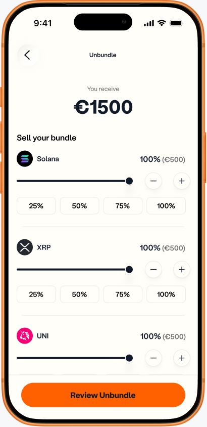 Explored Unbundle screen with a slider, minus and plus buttons and 25 to 100% presets for selling part of each coin