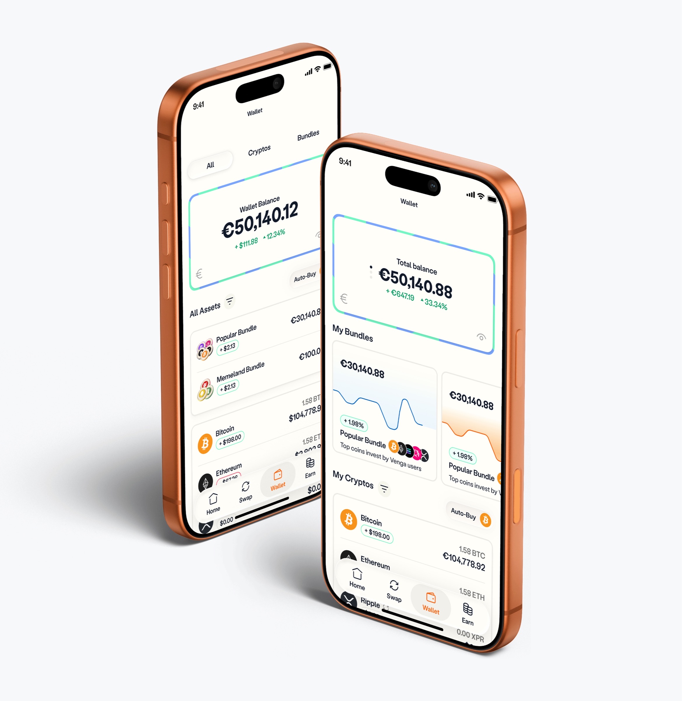 Two wallet explorations: bundles merged into the asset list, and side-scrolling bundle cards