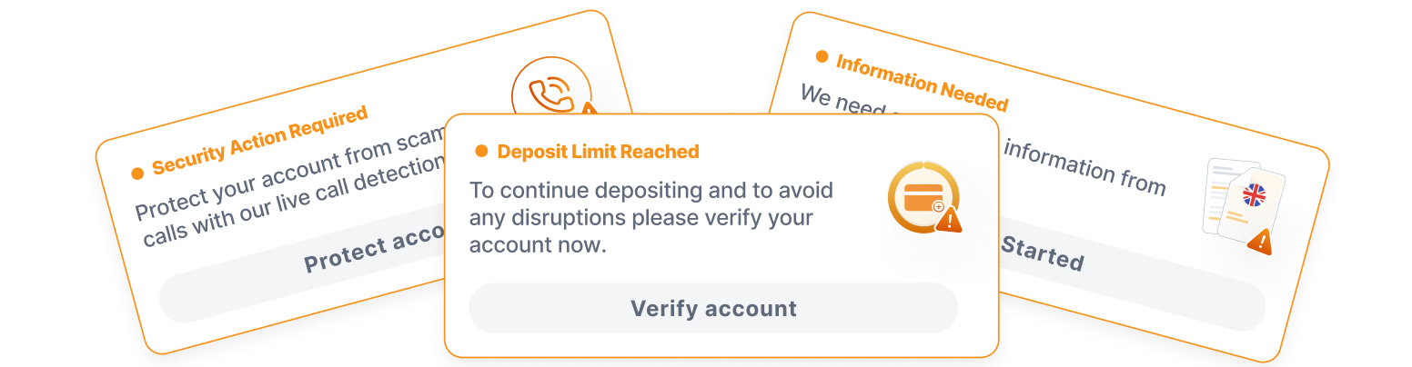 Three KYC banners: Security Action Required, Deposit Limit Reached and Information Needed