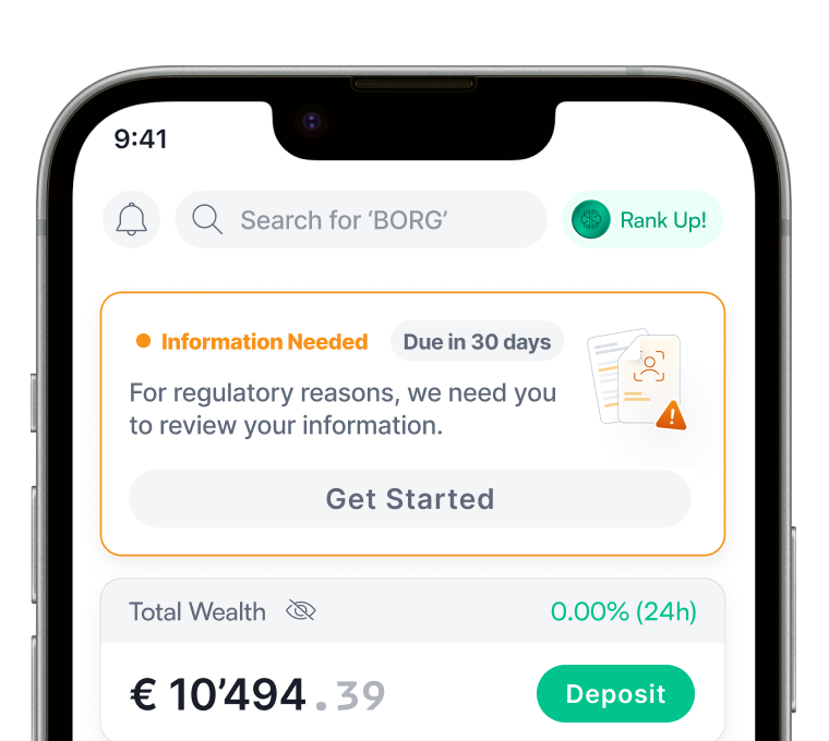 SwissBorg home screen with an Information Needed banner asking the user to review their information