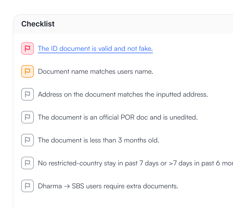 Review checklist with flags: ID document valid, name matches, address matches, official document, under 3 months old