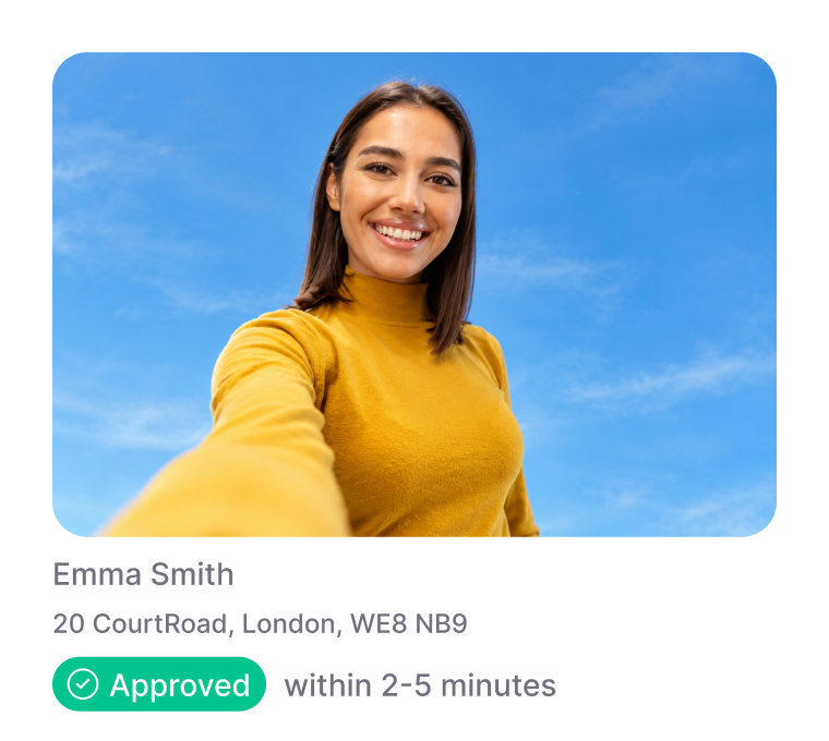 Applicant card: selfie of Emma Smith, 20 CourtRoad, London, WE8 NB9, approved within 2–5 minutes
