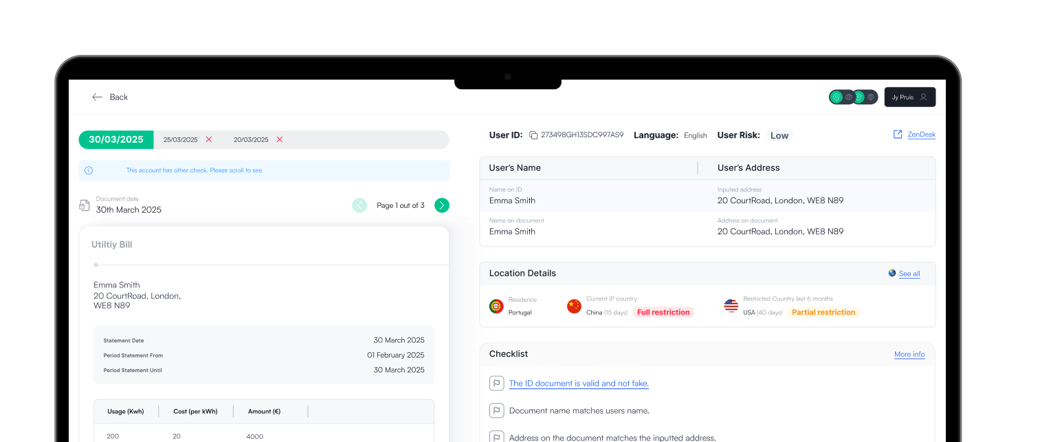 The redesigned KYC review dashboard on a laptop: utility bill, user details, location details and the checklist on one screen
