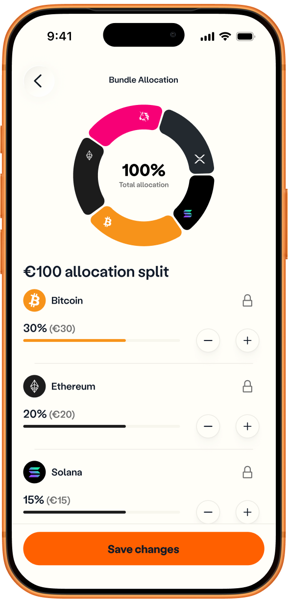 Crypto Bundles allocation screen: a full donut chart at 100% total allocation, Bitcoin, Ethereum and Solana with − and + controls and locks, and a Save changes button