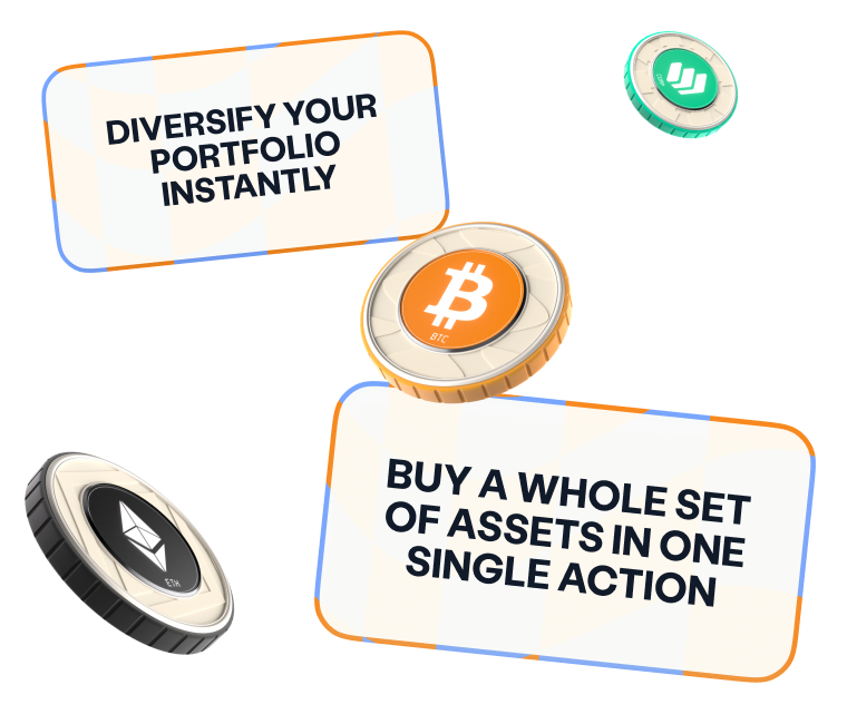 Bitcoin, Ethereum and Compound coins with the lines: diversify your portfolio instantly, buy a whole set of assets in one single action