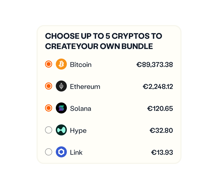 Choose up to 5 cryptos to create your own bundle: Bitcoin, Ethereum and Solana selected, Hype and Link not selected
