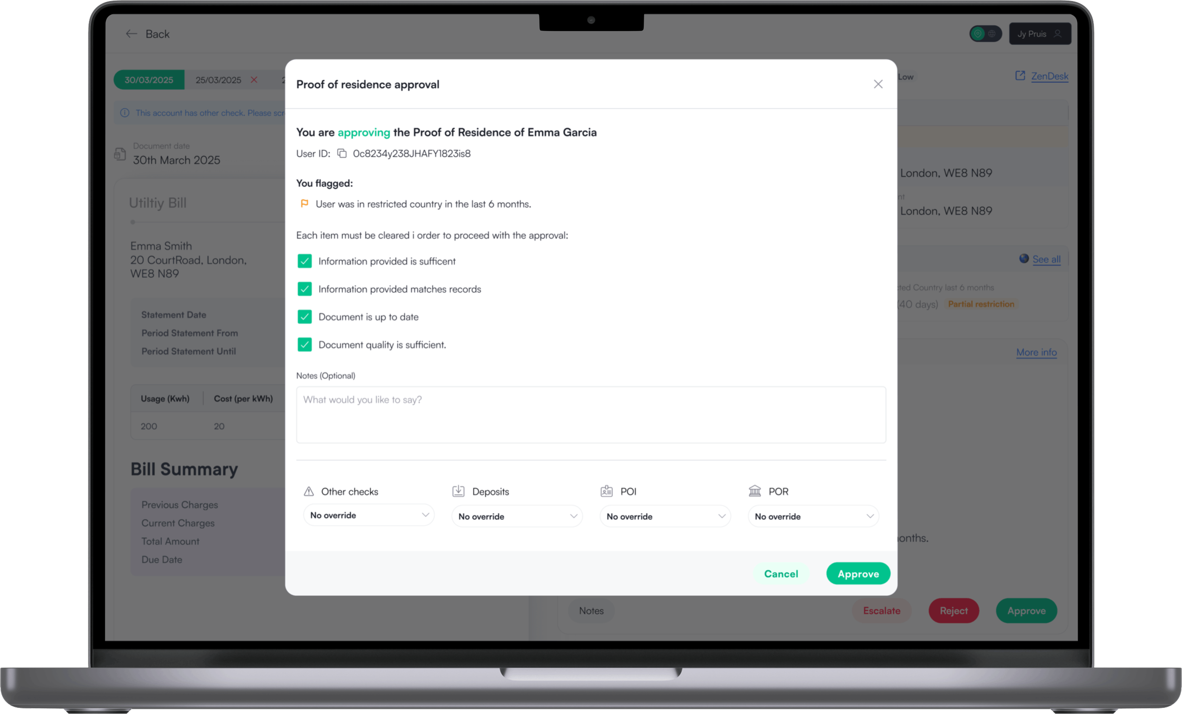 The approve modal with limits and notes