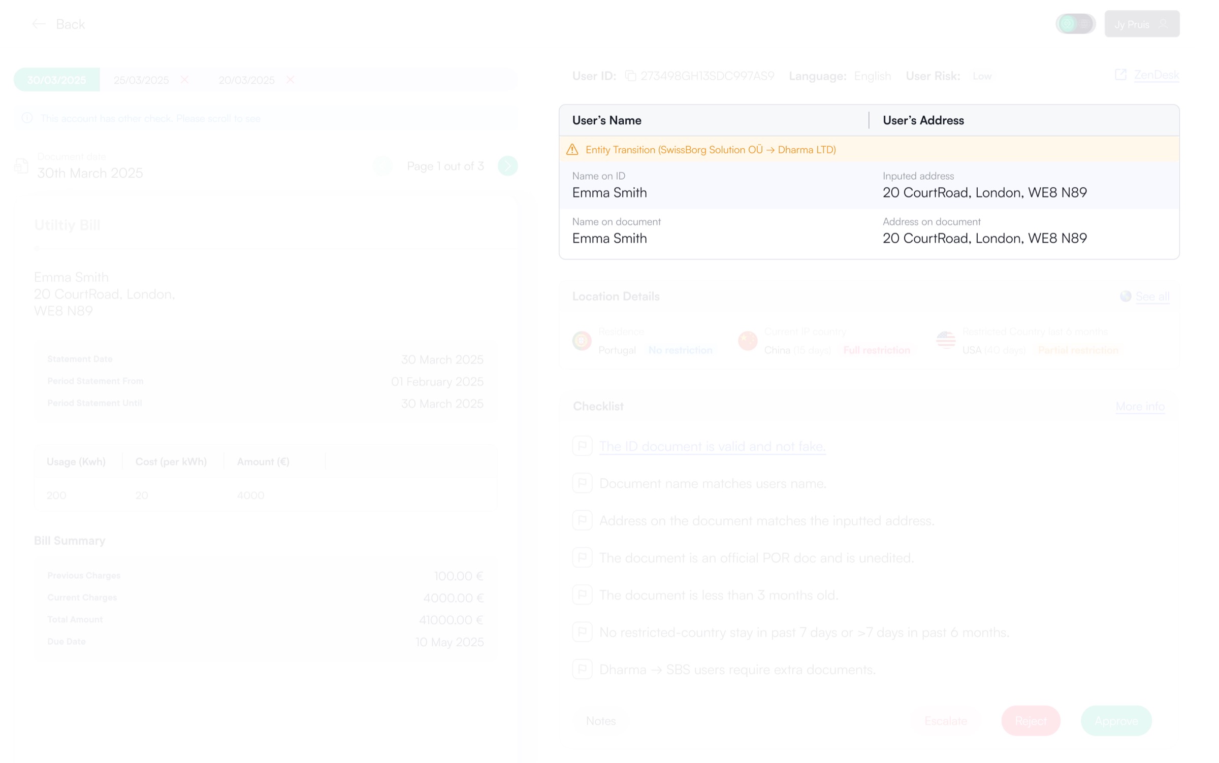 The entity transition shown in the review screen