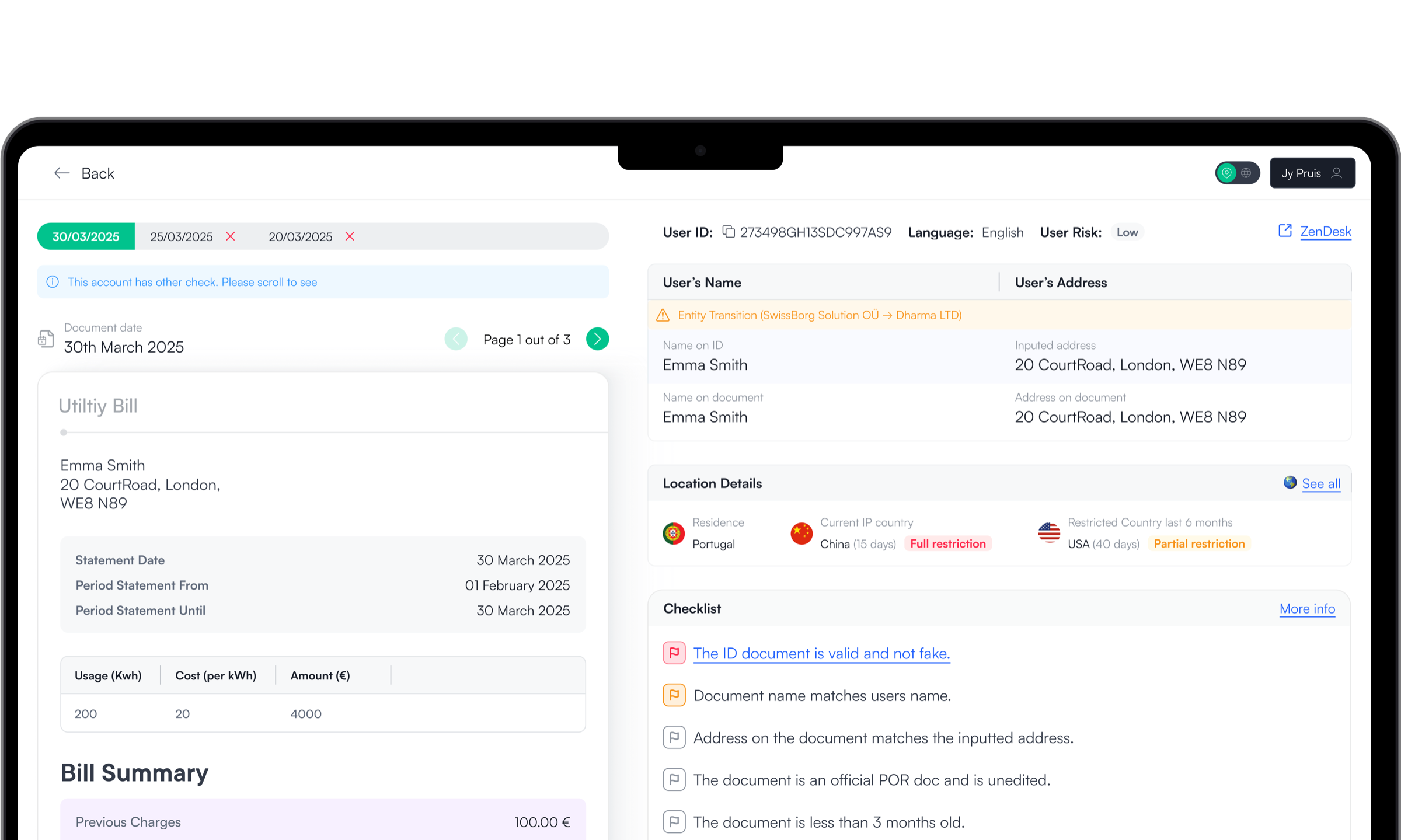The redesigned SwissBorg KYC review back office: a guided Proof of Residence checklist with flags beside the user's documents and details
