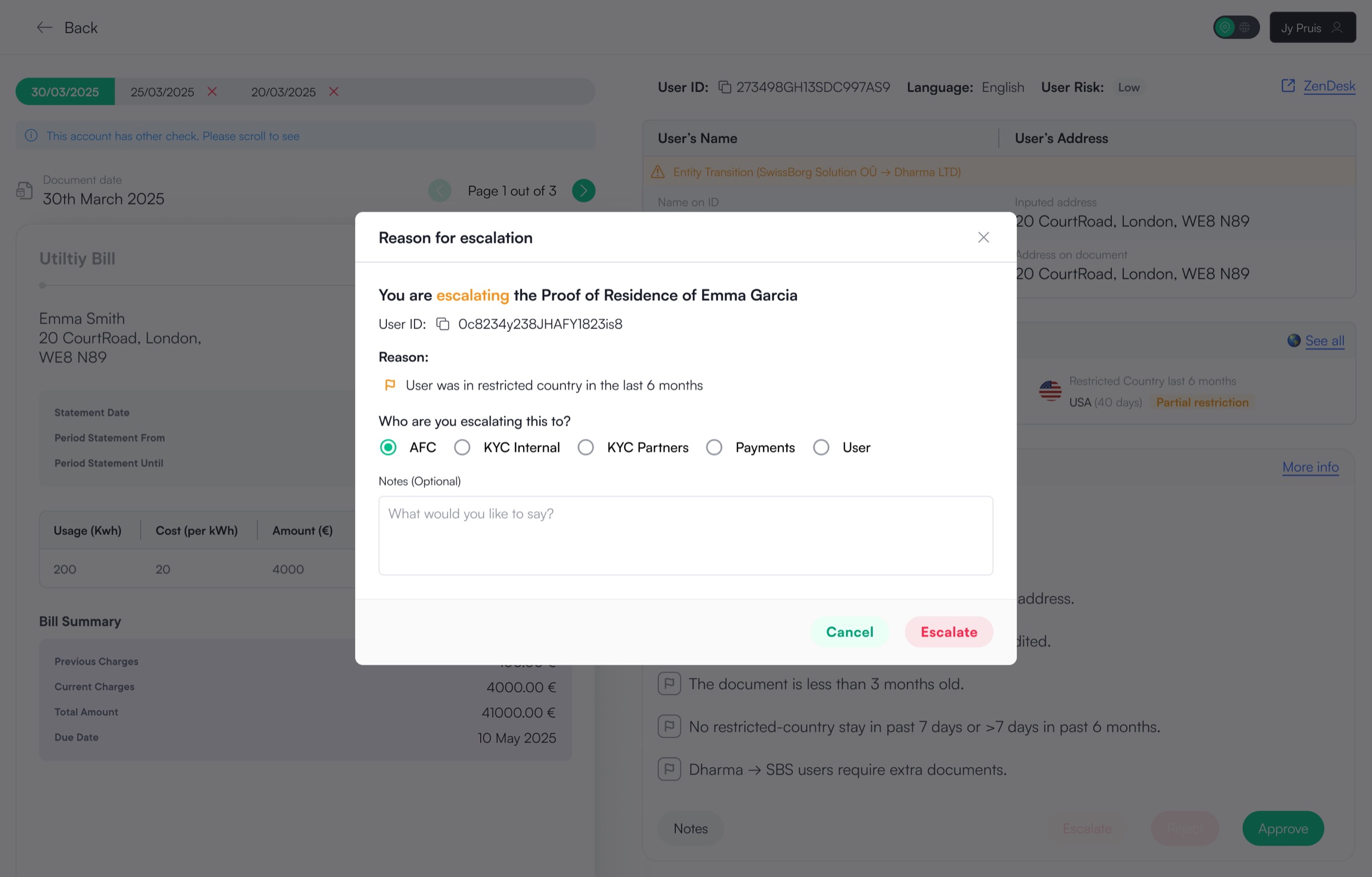 Escalating a Proof of Residence application