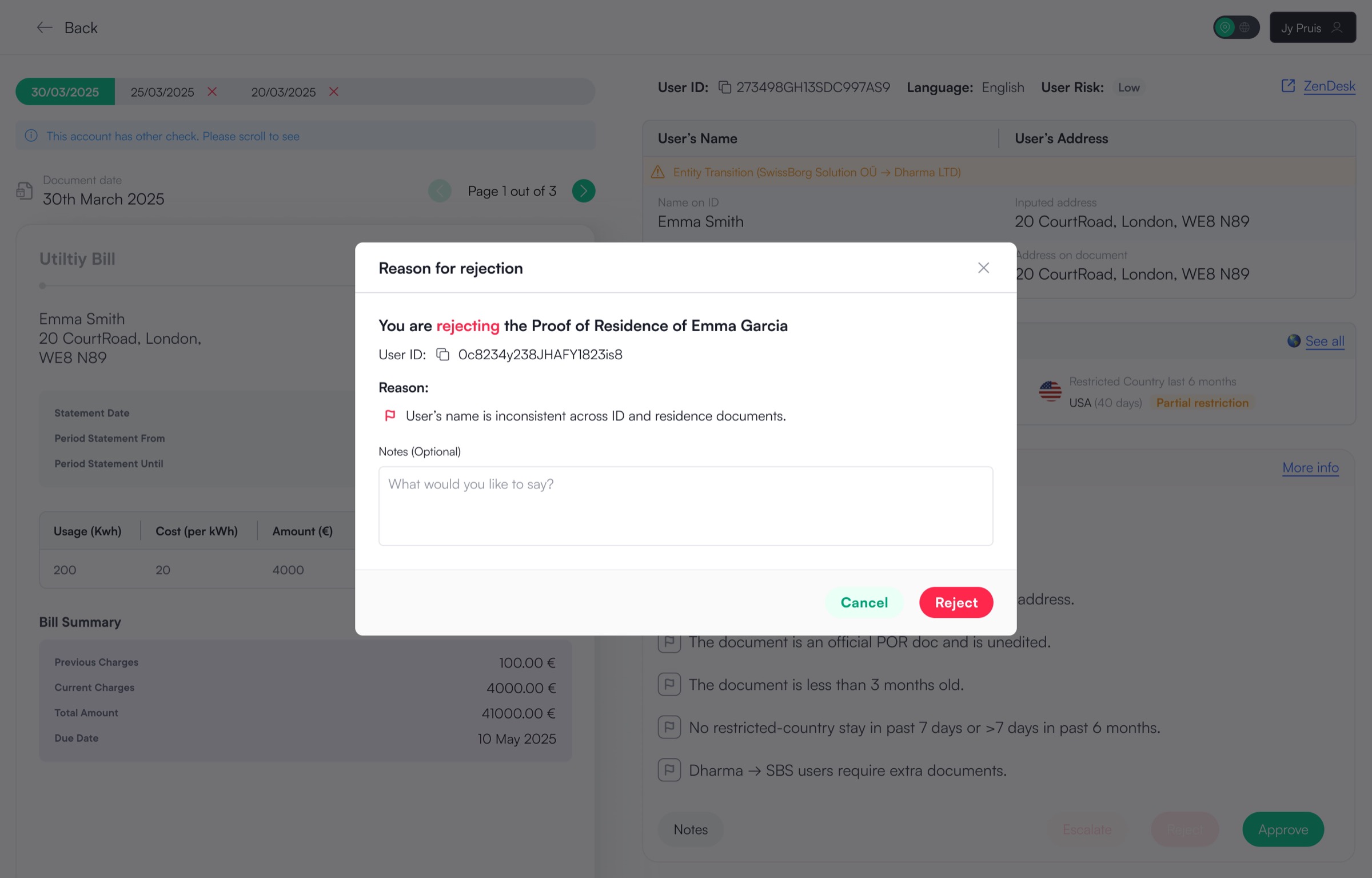 Rejecting a Proof of Residence application with the flagged reasons