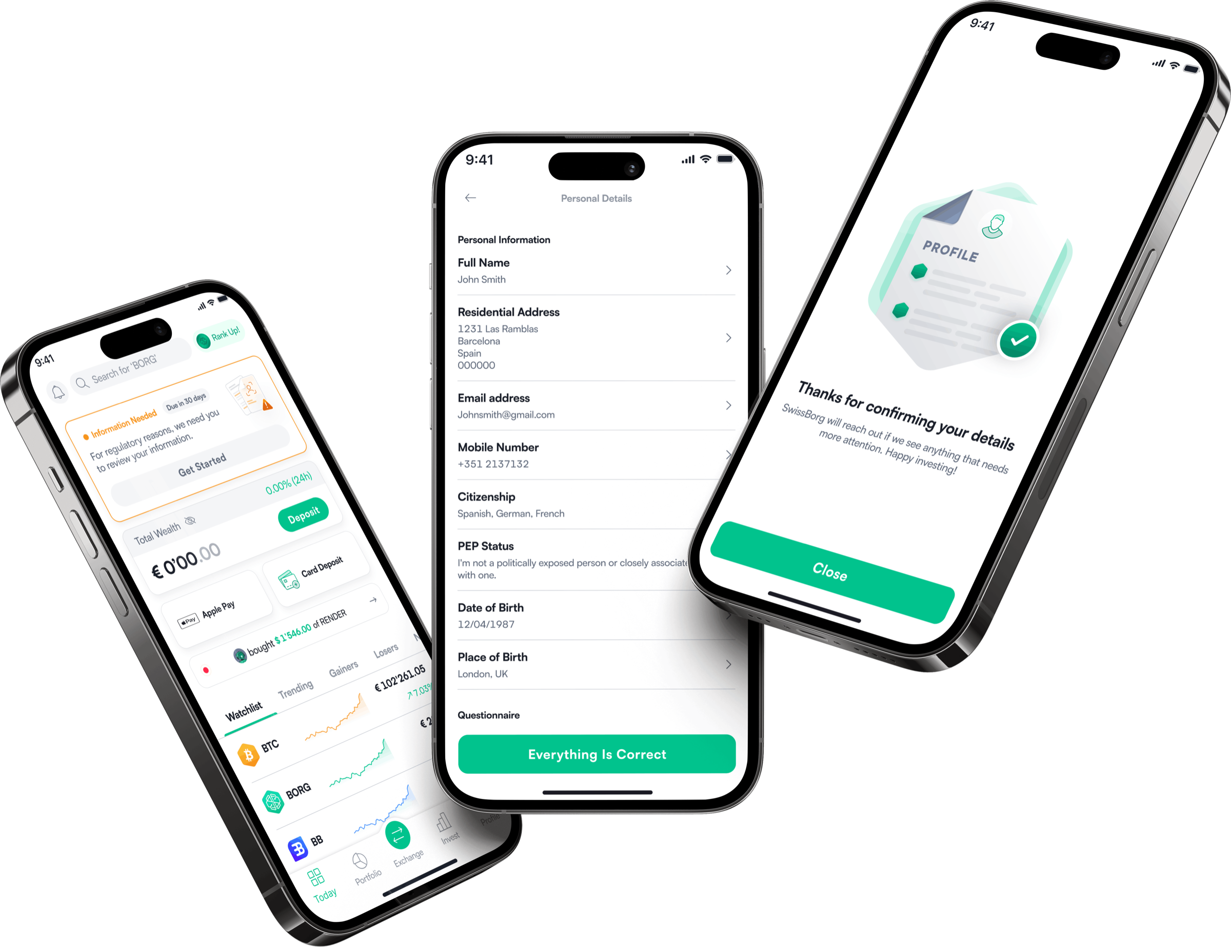 Three SwissBorg screens: the home tab with the Information Needed widget, the Personal Details page with an Everything Is Correct button, and the Thanks for confirming your details screen