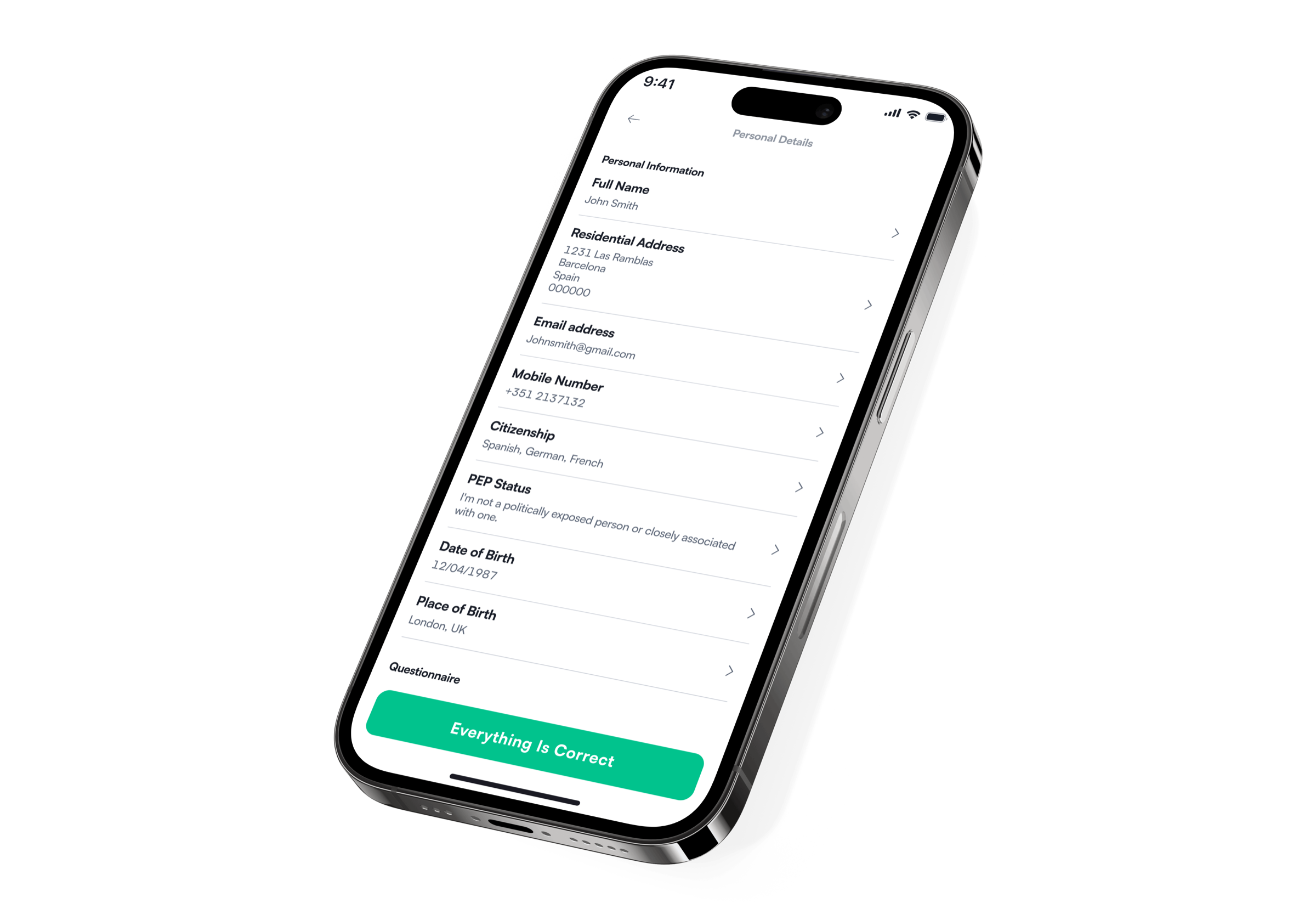 The Personal Details profile page with an Everything Is Correct button at the bottom