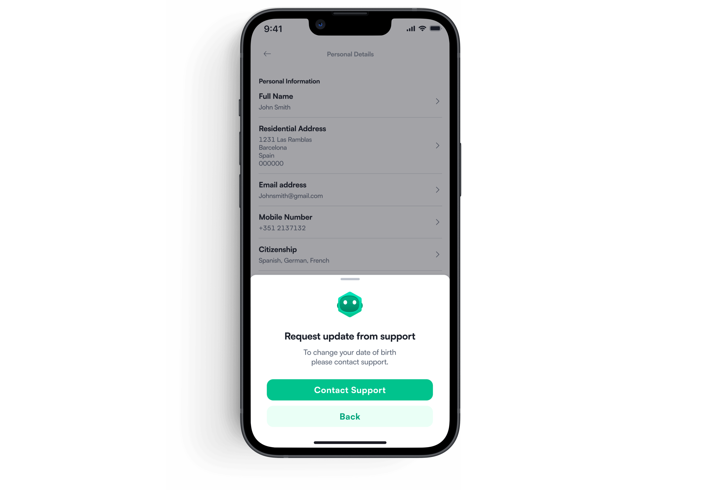 The request update flow for date and place of birth, routed to support review