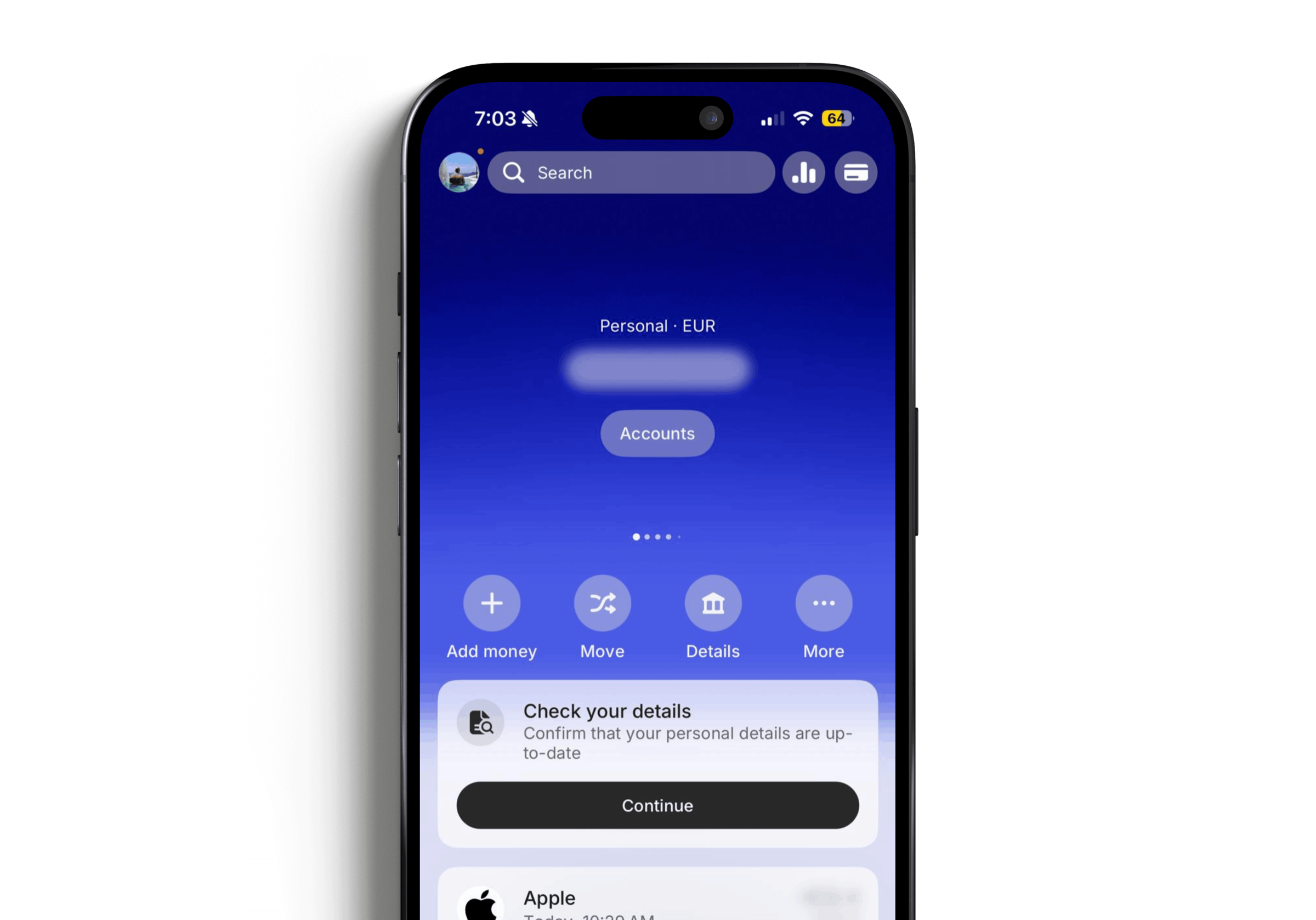 Revolut home screen with a Check your details card asking to confirm that personal details are up to date