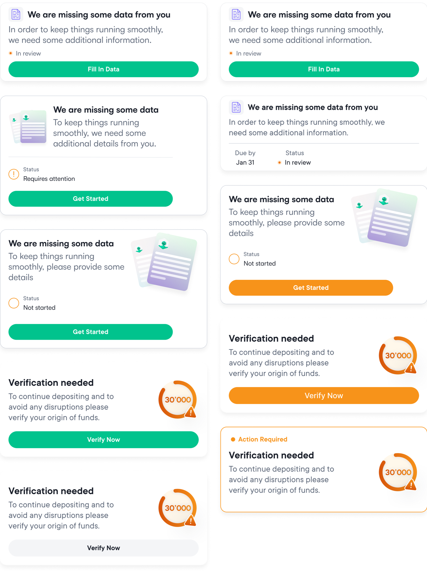 A column of widget variations, from calm green versions at the top to orange warning versions at the bottom