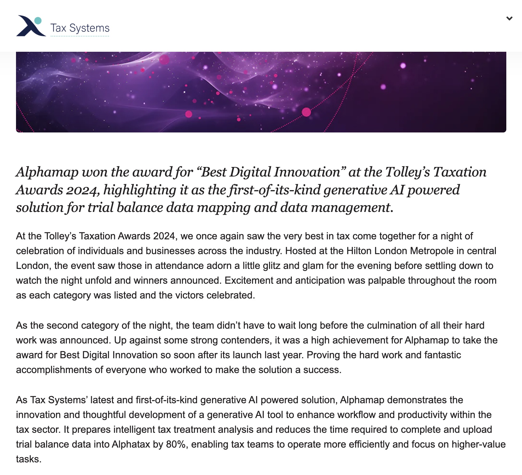 Tax Systems receiving Best Digital Innovation at the Tolley's Taxation Awards 2024