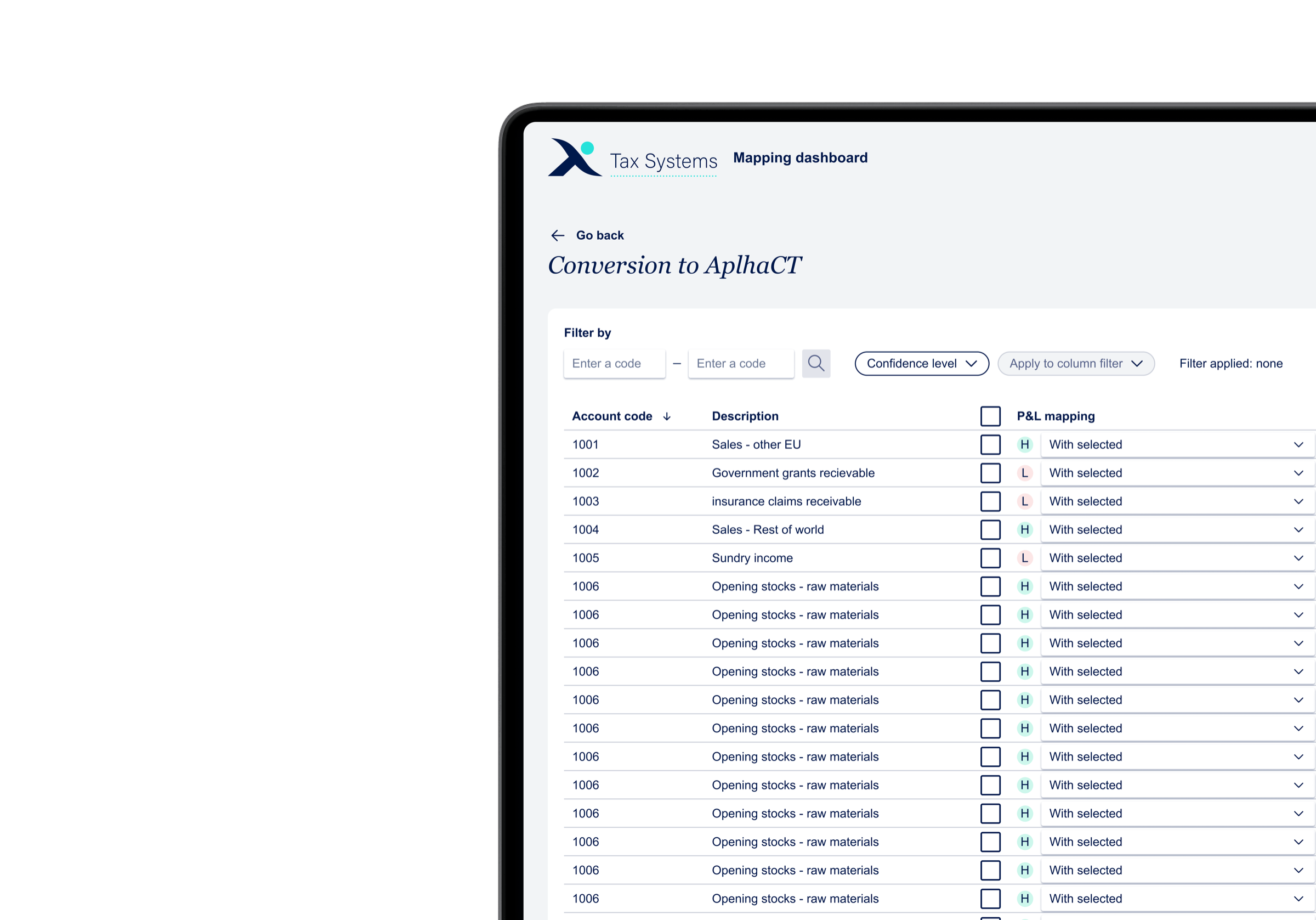 Row checkboxes placed next to the confidence badge and mapping dropdown
