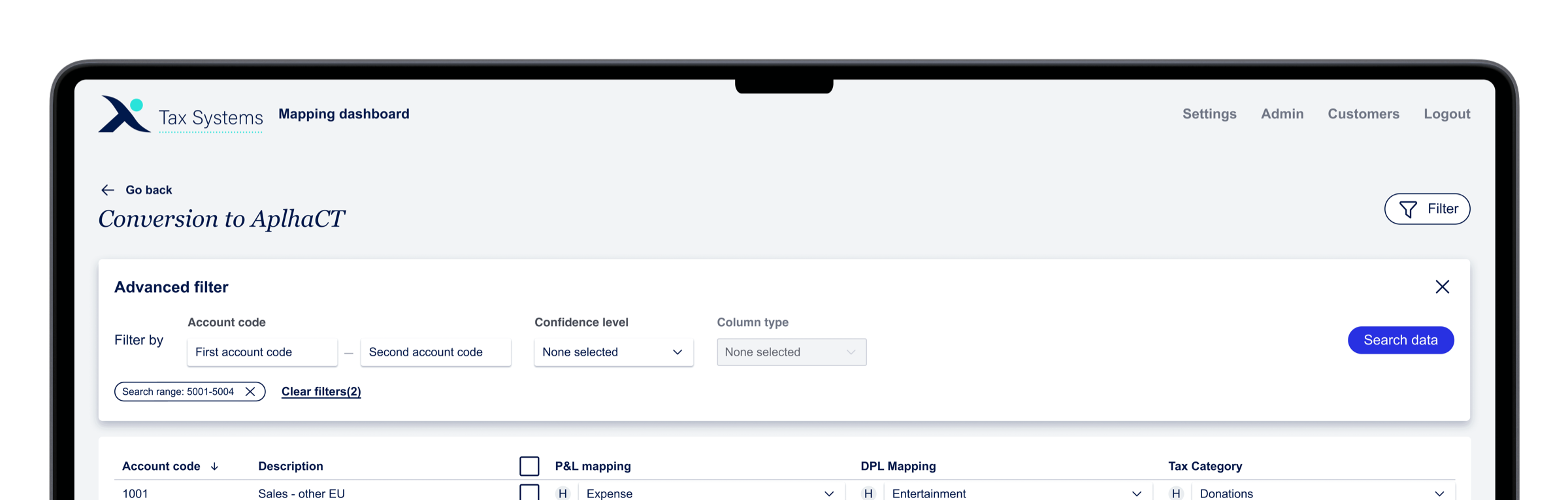 Filters shown inline in the table header