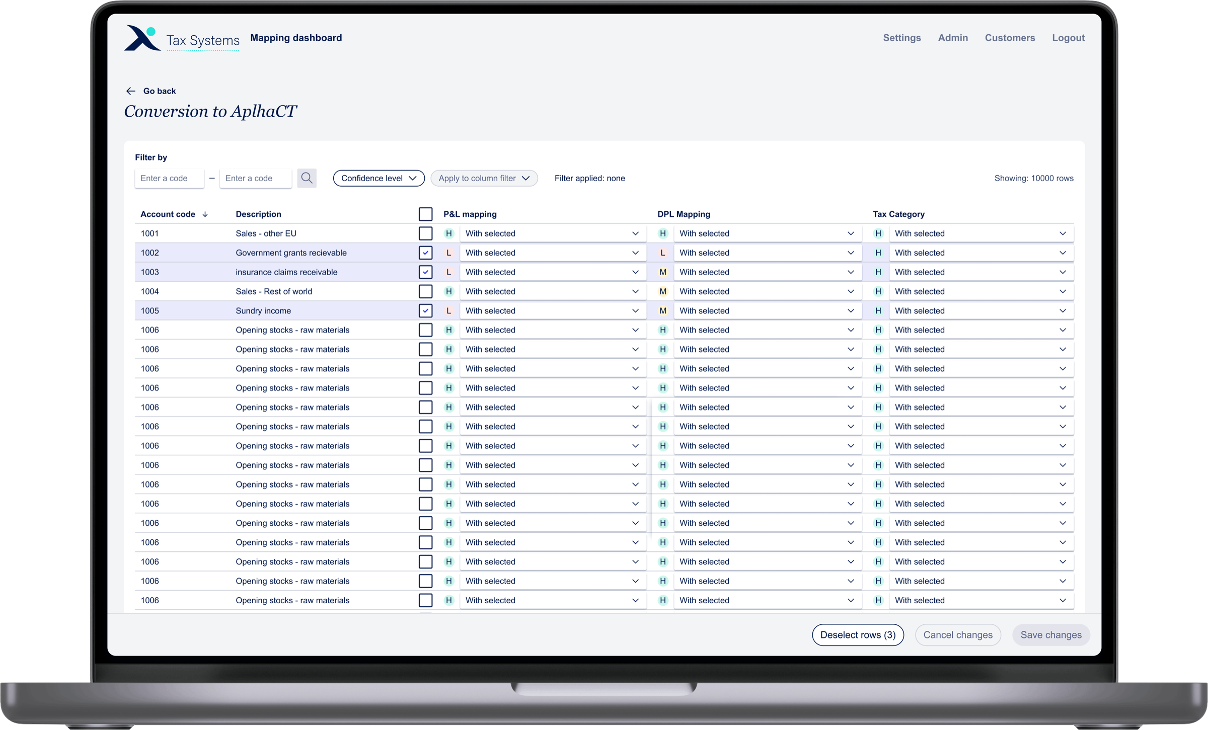 Alphamap on a laptop: the mapped trial balance with confidence badges